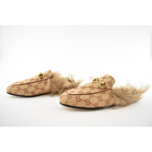 Gucci Princetown Beige Canvas Original GG Fur Loafer Slide Mule Slipper Flat 35 - Picture 10 of 12